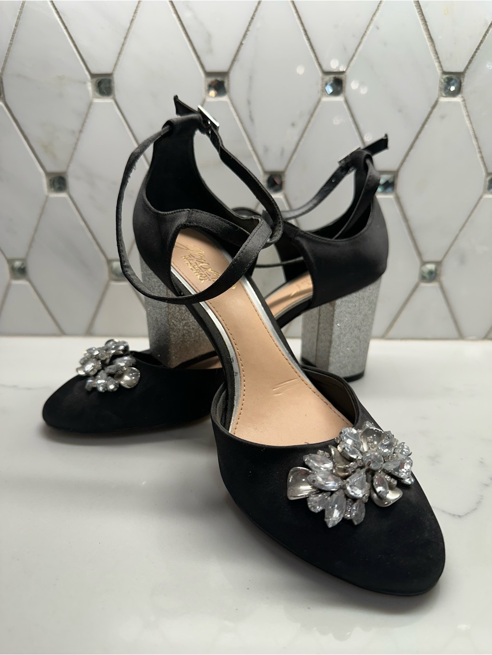 Jewel Badgley Mischka Black Satin Crystal-Embellished Block Heel Pumps